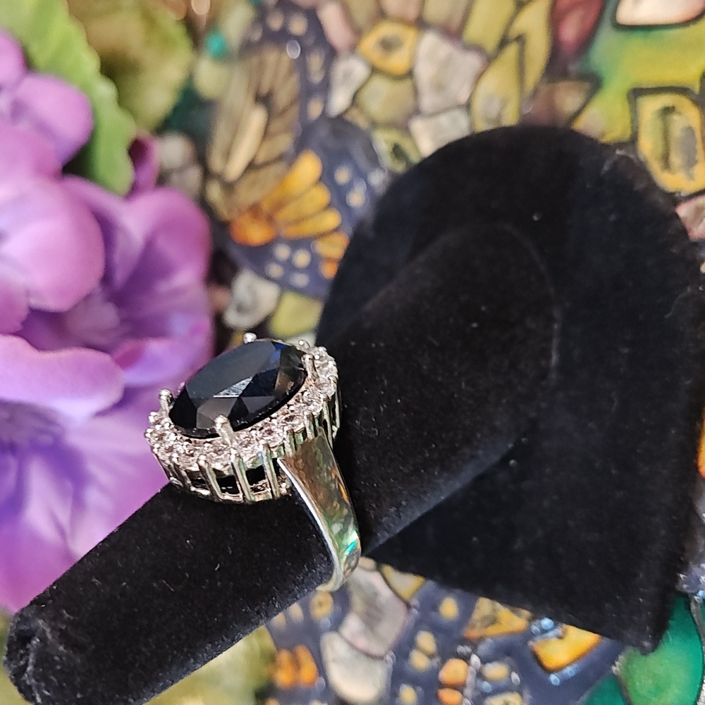 Sapphire & Diamond Silver (Faux) Fashion Cocktail Style Ring - Size 5 3/4 - Picture 3 of 8